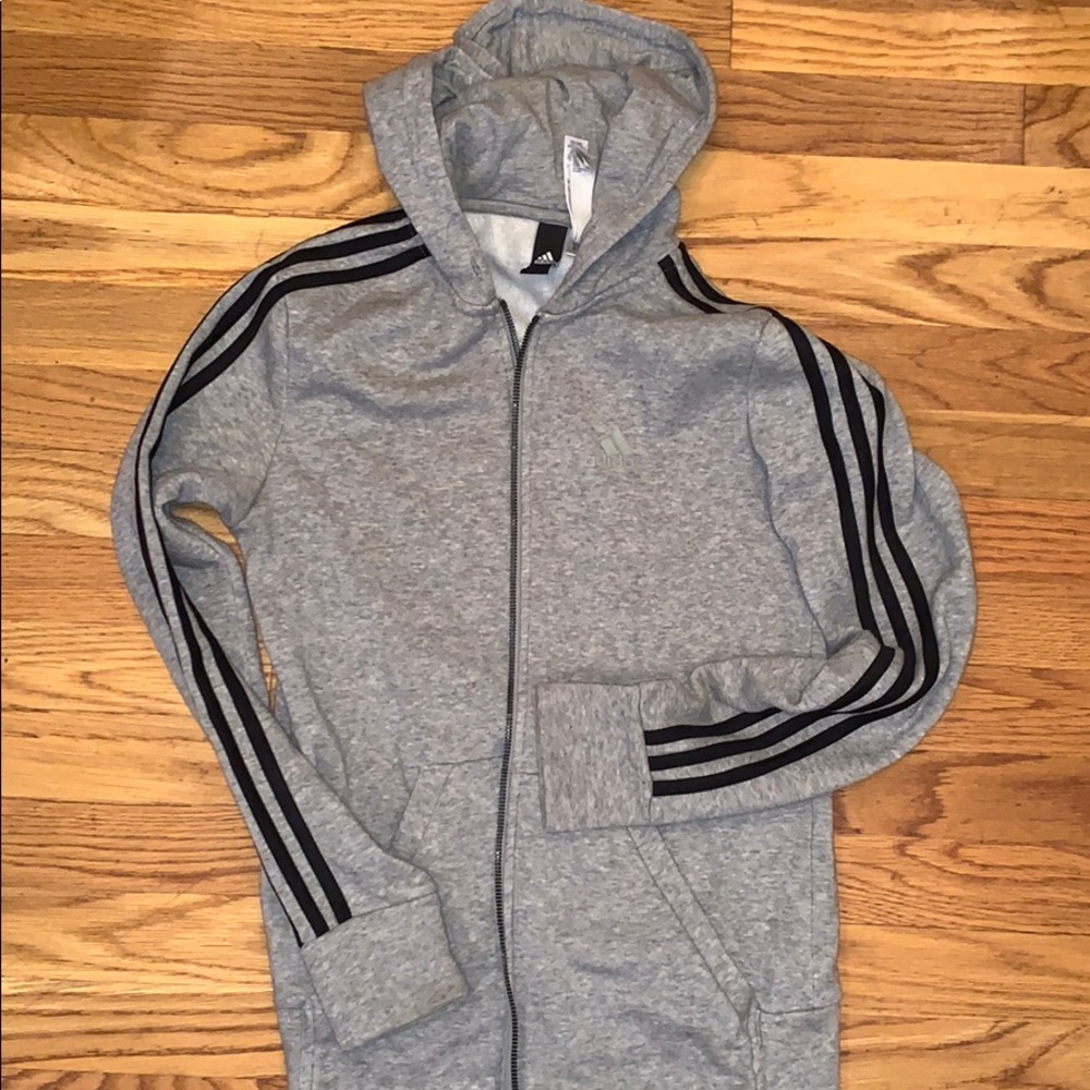 gray adidas striped zip-up hoodie